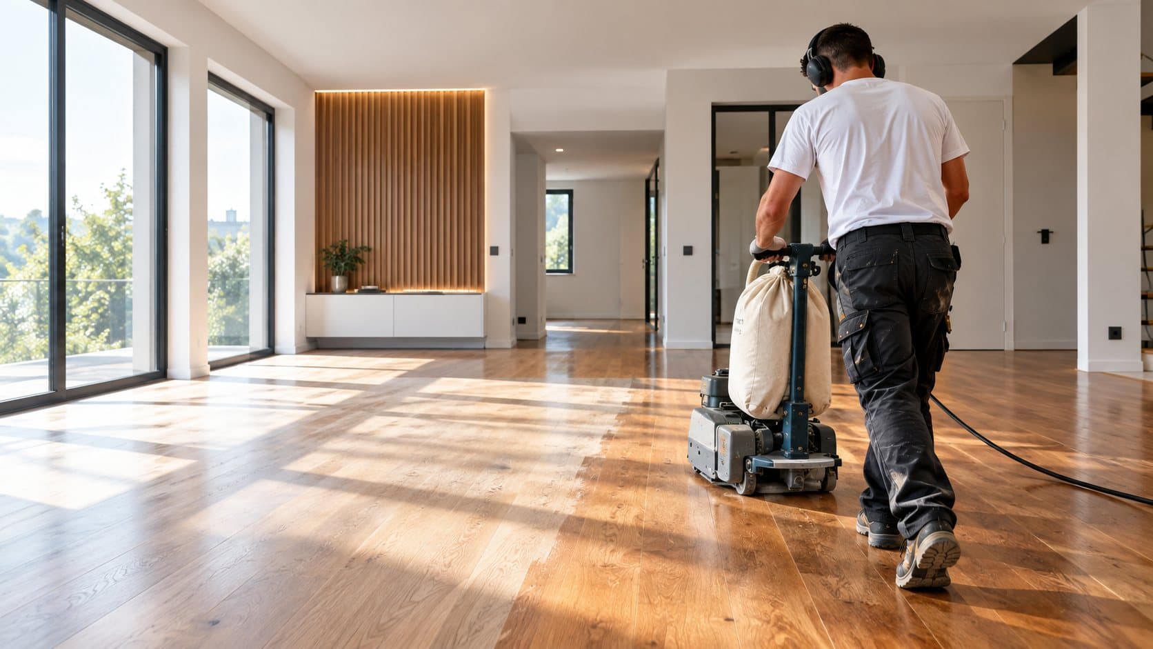 Artisan parqueteur en train de poncer un parquet en chêne dans un appartement lumineux