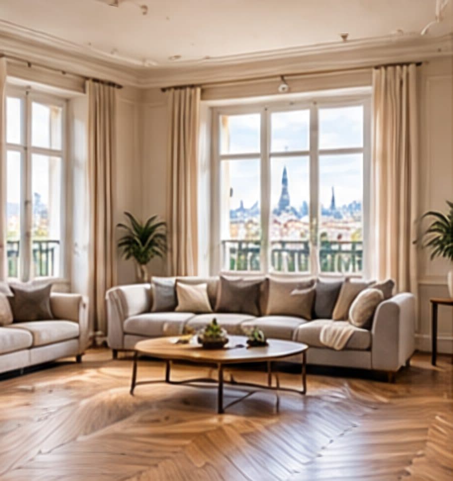 Séjour haussmannien lumineux avec vue sur Paris