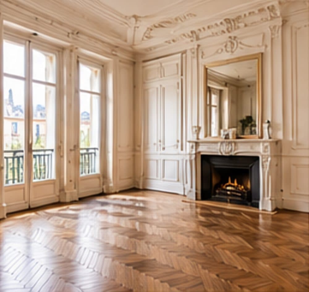Salon ancien avec cheminée et parquet